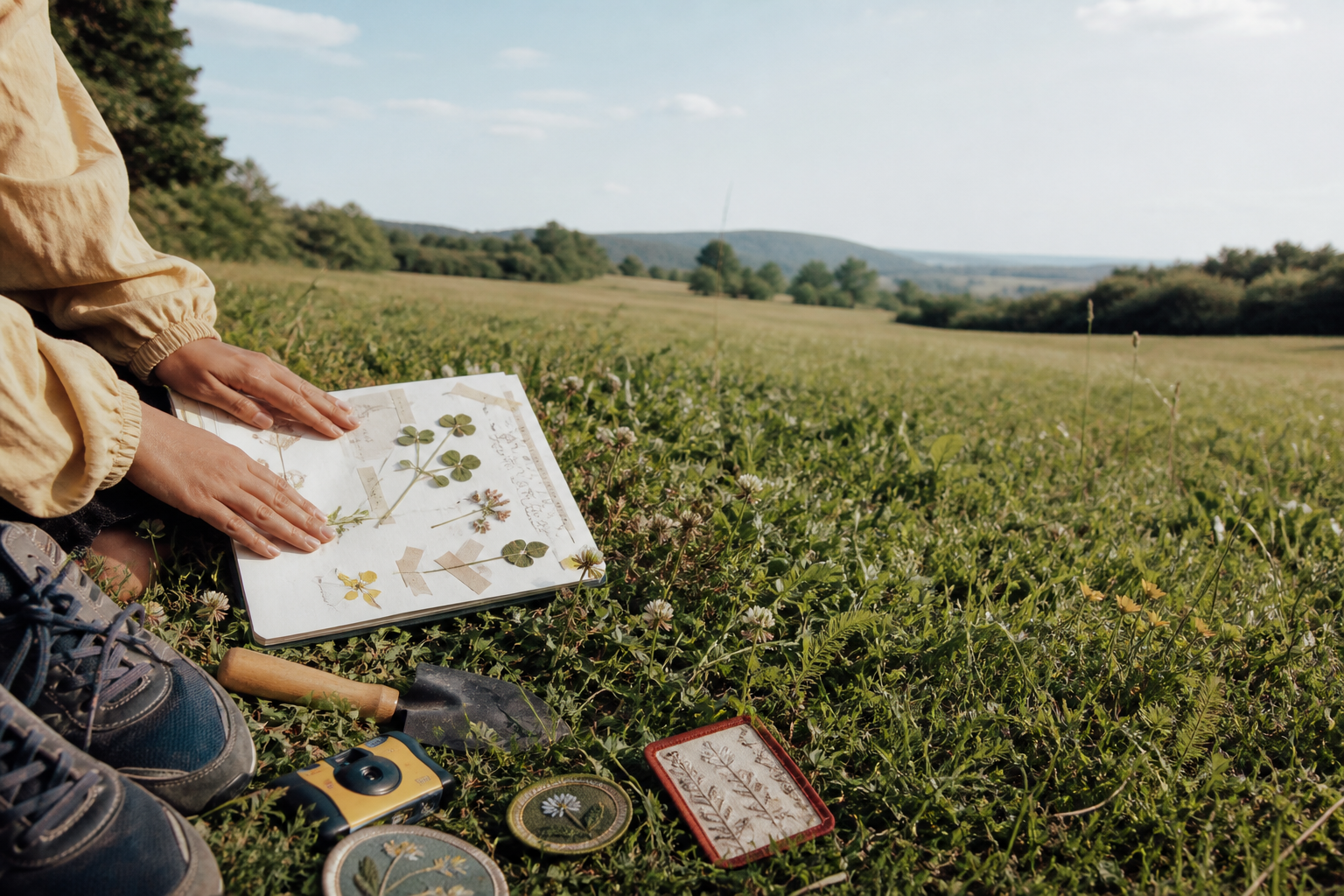 A sunlit meadow with a handmade botanical field guide, trail shoes, camera, trowel and patches
