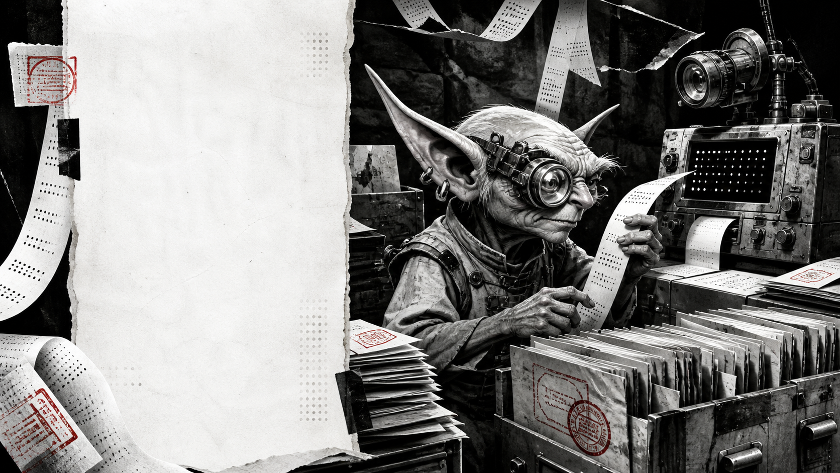 An original archivist goblin examining proof rolls in a monochrome evidence vault
