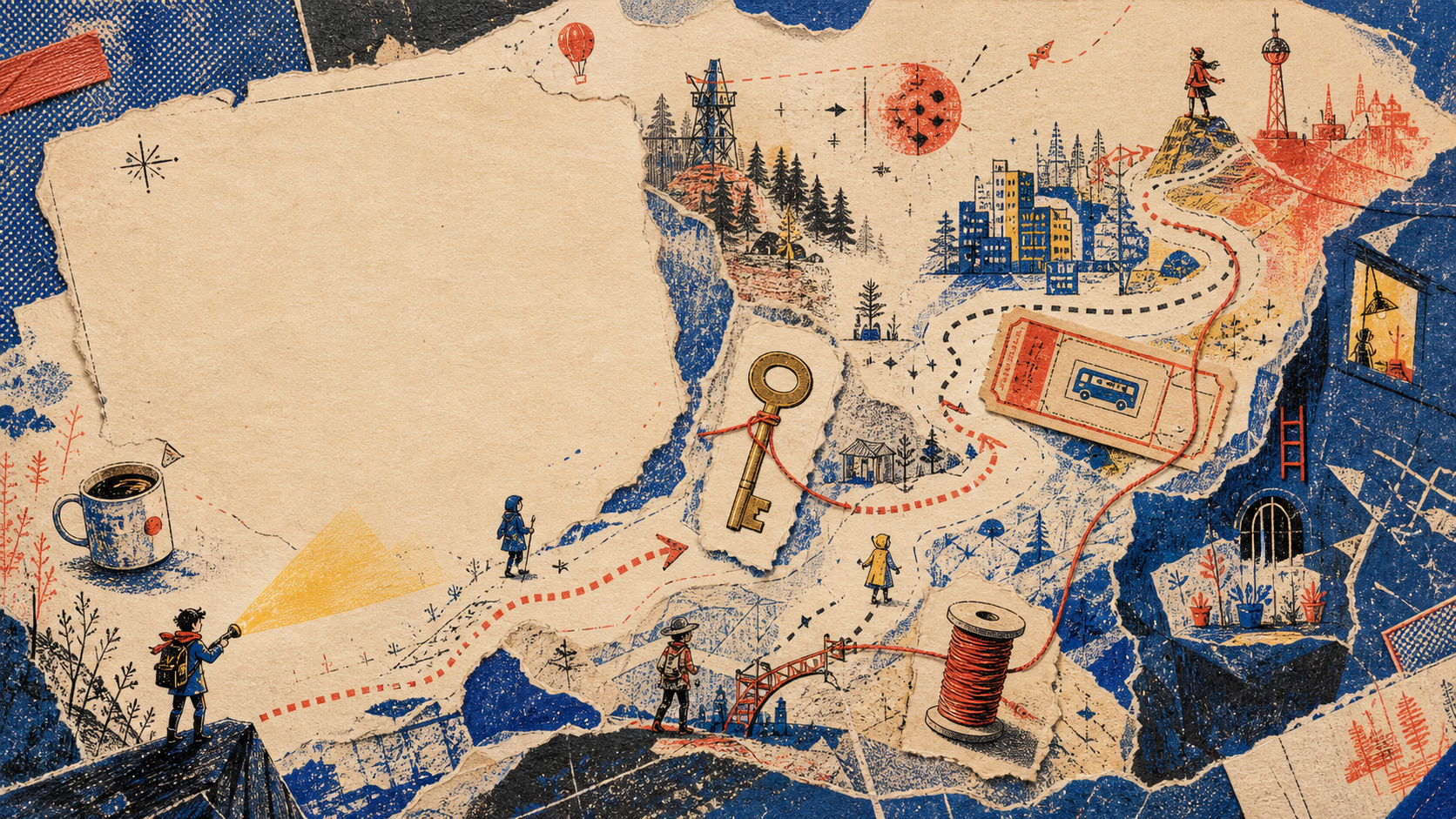 A handmade risograph quest atlas filled with paths, objects and tiny adventurers