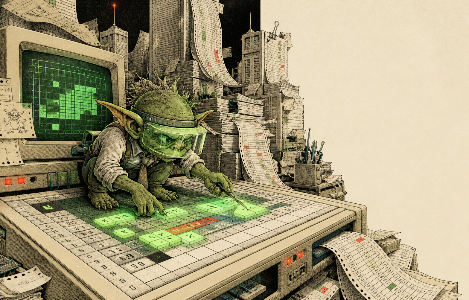 An original goblin organizing luminous spreadsheet cells on a retro workstation